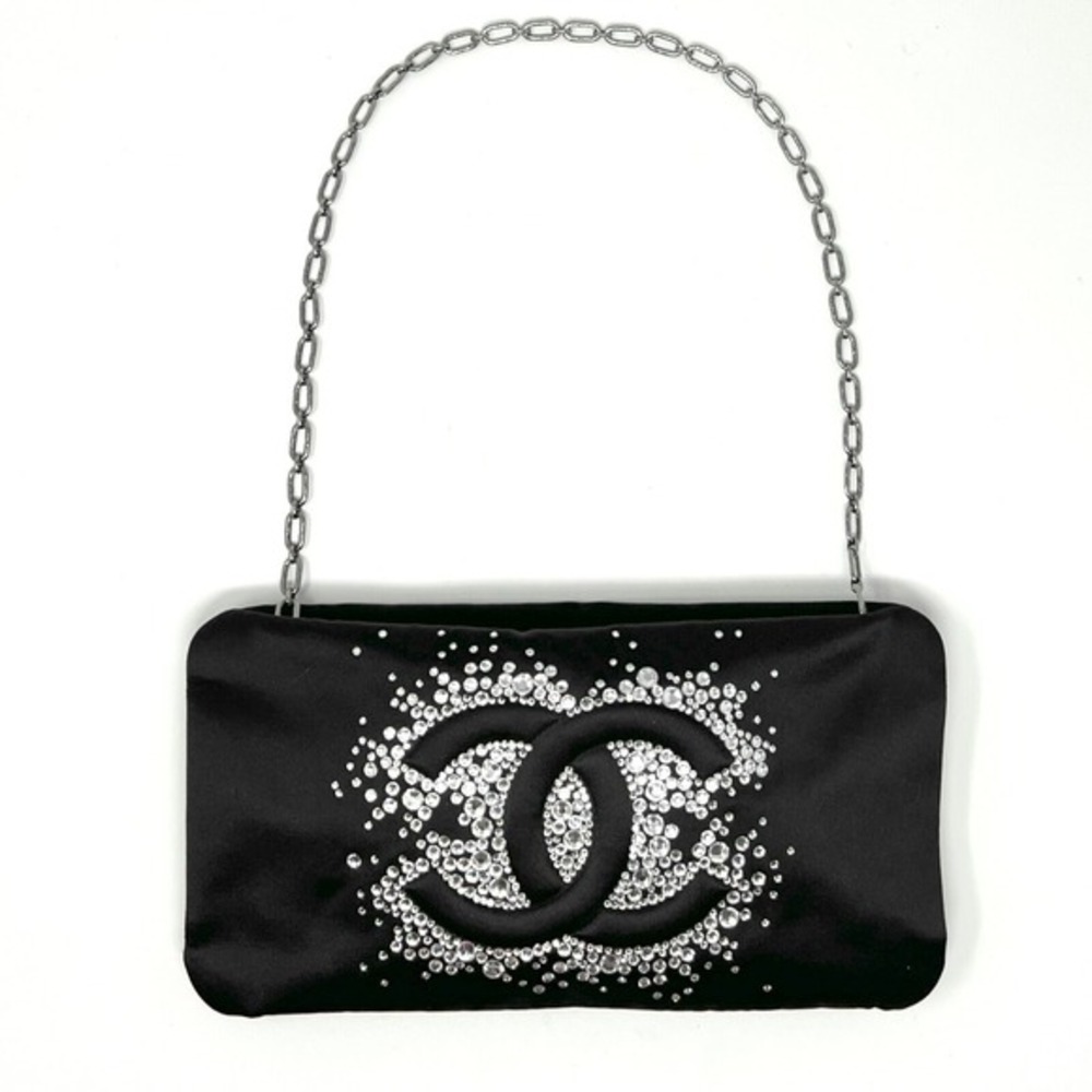 Chanel Black Satin Crystal CC Clutch‎ Chain Shoulder Bag - Picture 3 of 9